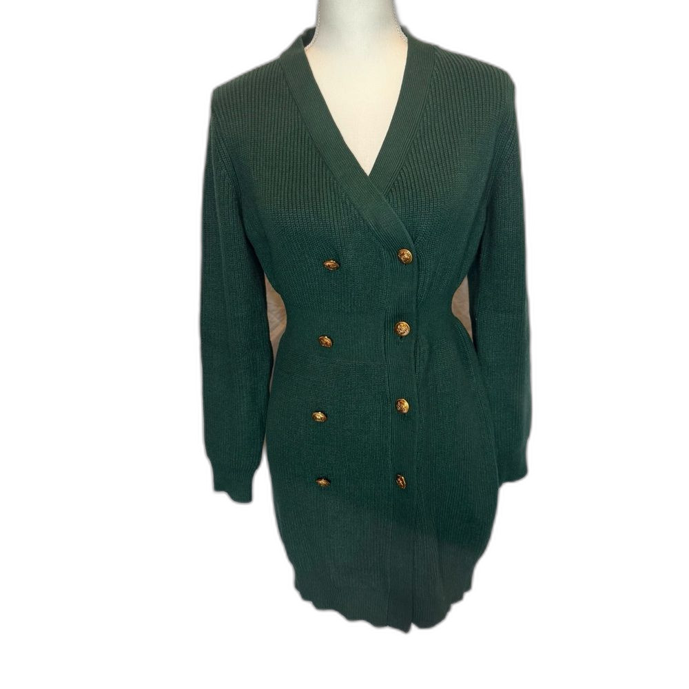 NWT Green Rib Knit Sweater Dress Small Gold Tone Buttons Preppy